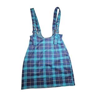 Womens Plaid high waist overalls suspenders pencil skirt blue green mini